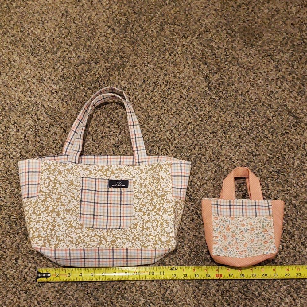 Floral and Plaid Tote Bag Set Created From A Men's Brookes Brothers Linen Dress